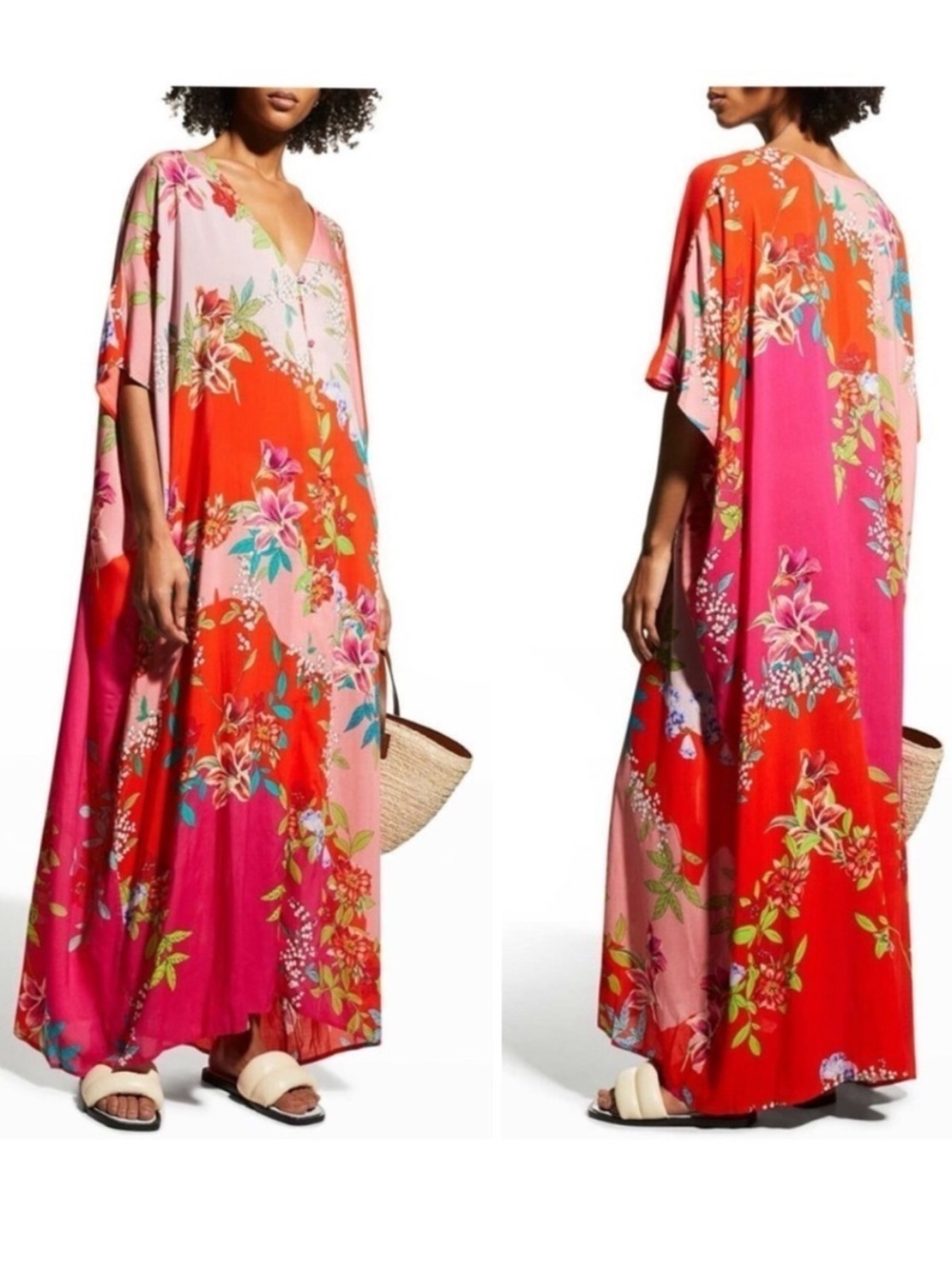 Johnny Was Nanya V-Neck Oversized Floral Print Maxi Kaftan in Red Blush Size S/M